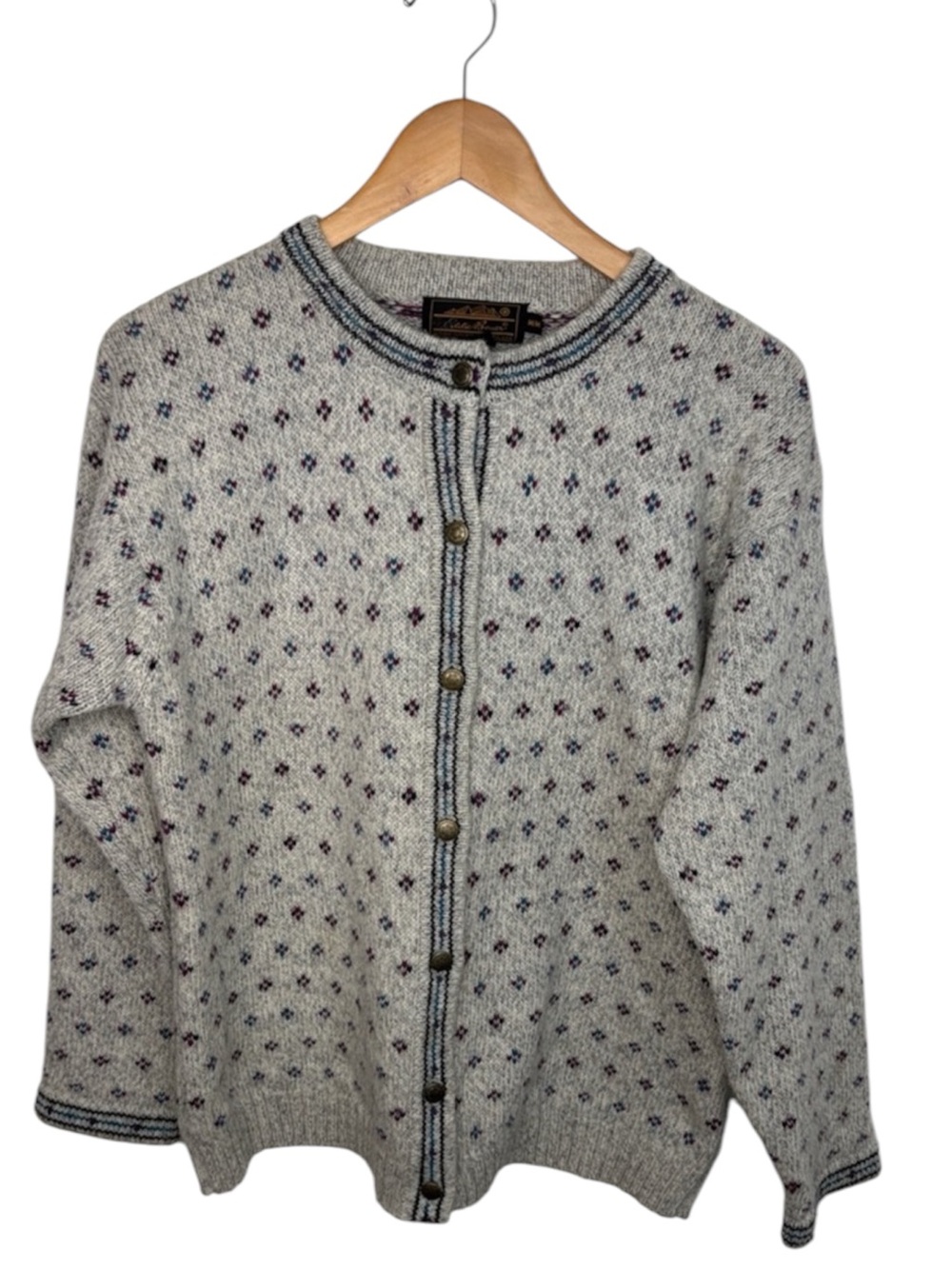 Vintage Eddie Bauer Fair Isle Grey Wool Button Cardigan Women Size M Pilling